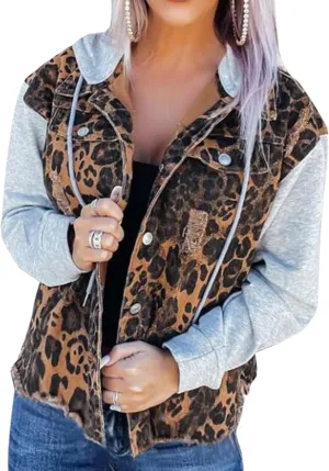 LifeShe Women's denim jacket with hood leopard print distressed ripped jean jackets Hoodie fringe hem