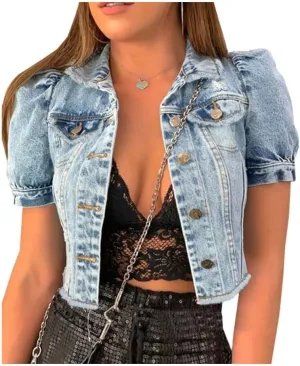 LifeShe Women's Short Sleeve Cropped Denim Jacket Puff Sleeve Ripped Distressed Jean Jackets Coat