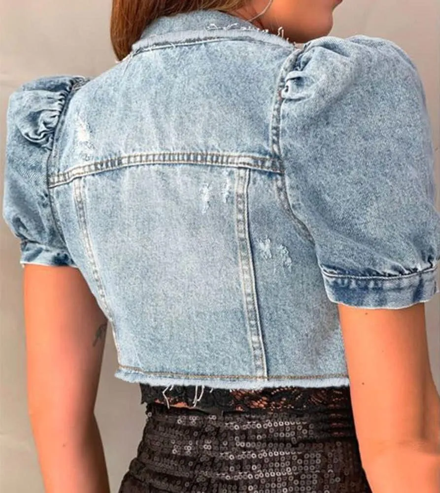 LifeShe Women's Short Sleeve Cropped Denim Jacket Puff Sleeve Ripped Distressed Jean Jackets Coat