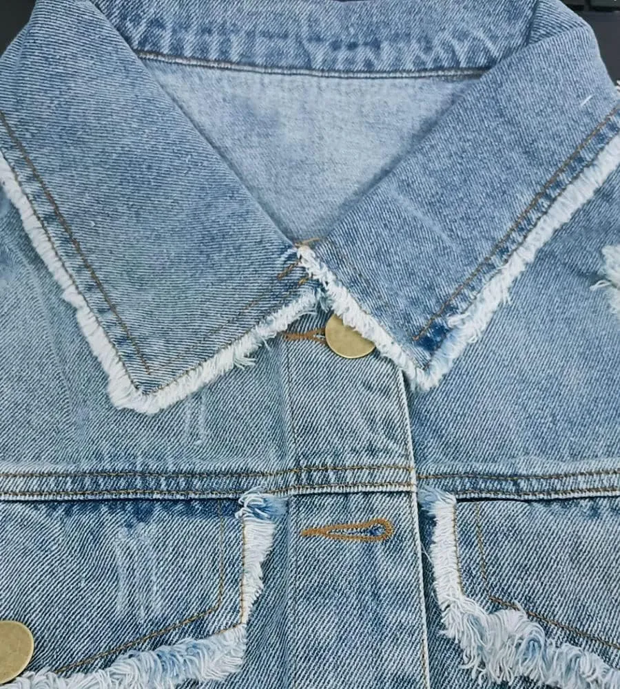 LifeShe Women's Short Sleeve Cropped Denim Jacket Puff Sleeve Ripped Distressed Jean Jackets Coat
