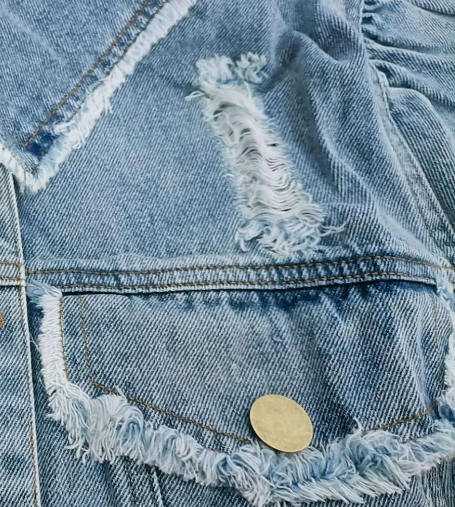 LifeShe Women's Short Sleeve Cropped Denim Jacket Puff Sleeve Ripped Distressed Jean Jackets Coat