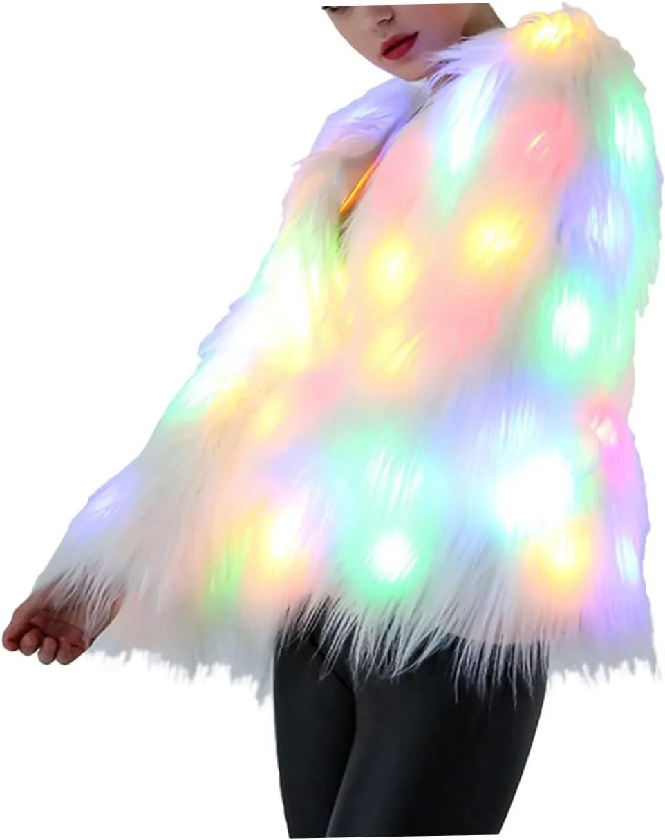 LIFKOME LED Fur Coat Women Faux Fur Coat Light up Fuzzy LED Furry Jacket Fancy Dress Party Dress up LED Outwear
