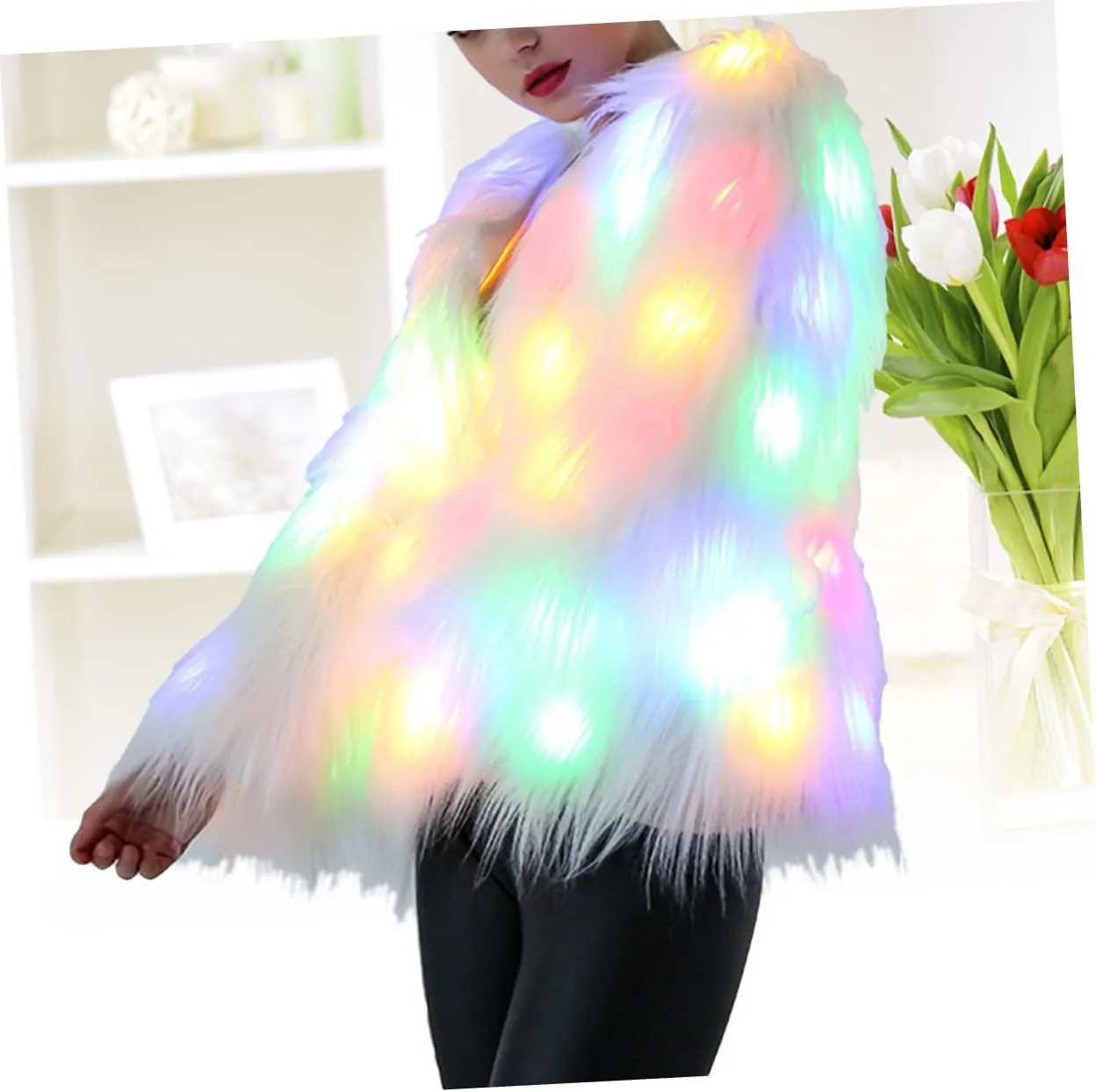 LIFKOME LED Fur Coat Women Faux Fur Coat Light up Fuzzy LED Furry Jacket Fancy Dress Party Dress up LED Outwear