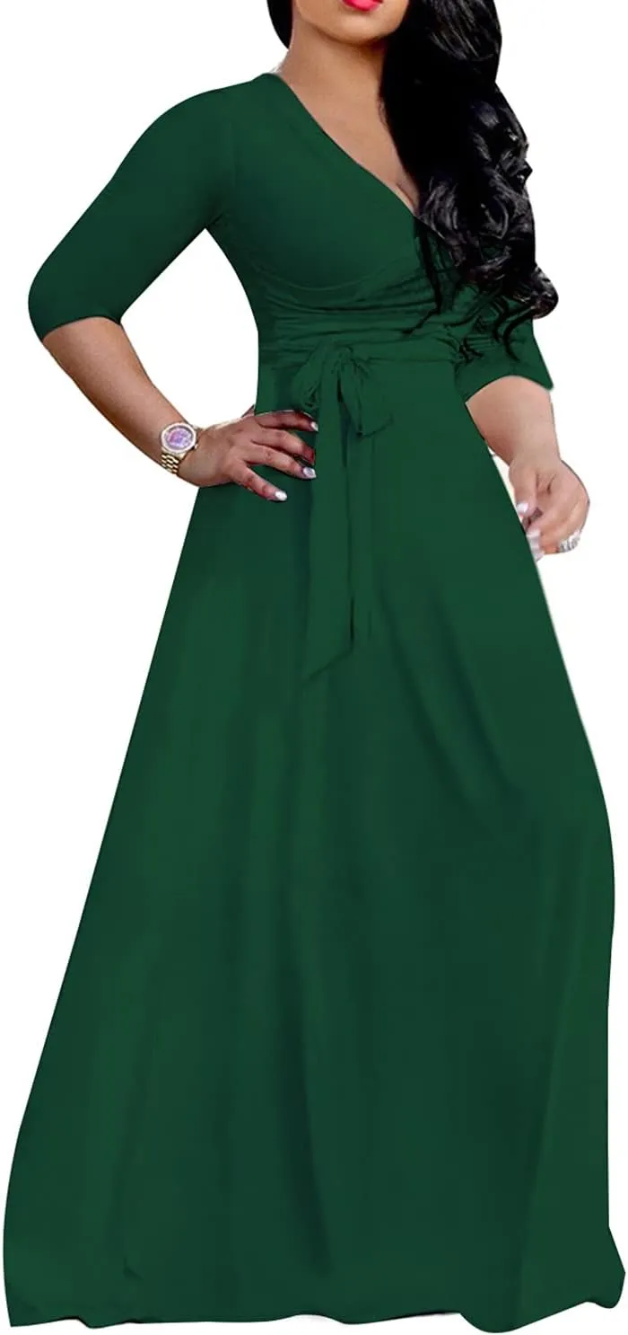 LightlyKiss Plus-Size Maxi Dresses for Women African Summer 3/4 Sleeves Beach Sundress with Pockets