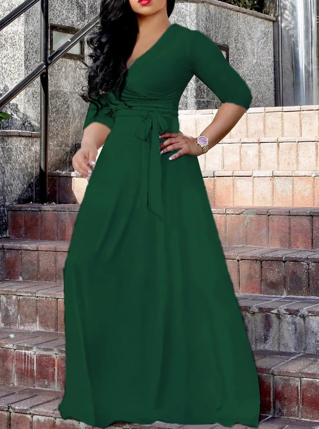 LightlyKiss Plus-Size Maxi Dresses for Women African Summer 3/4 Sleeves Beach Sundress with Pockets