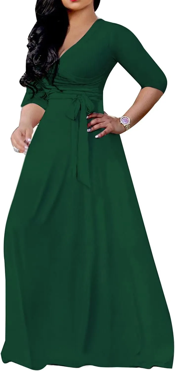 LightlyKiss Plus-Size Maxi Dresses for Women African Summer 3/4 Sleeves Beach Sundress with Pockets