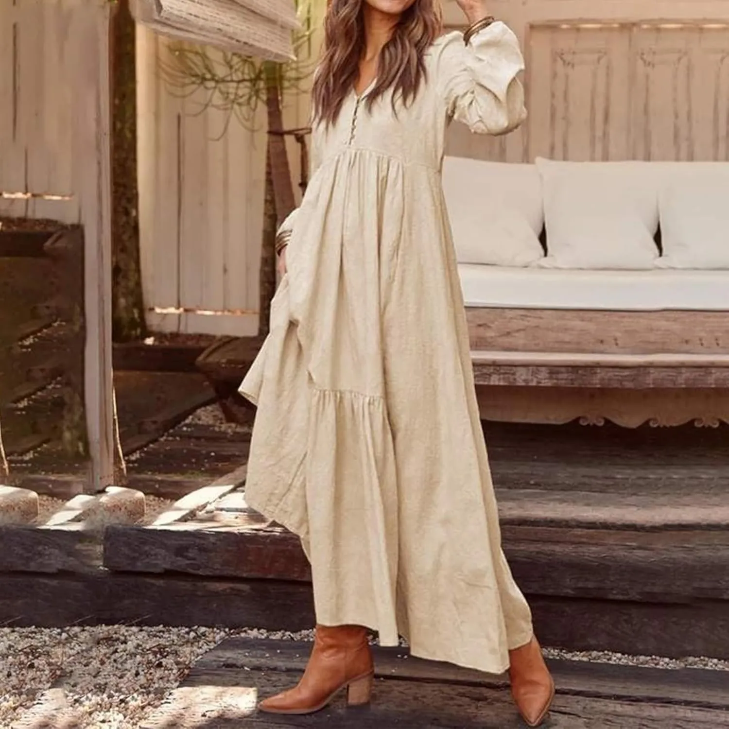 Linen Dresses for Women 2025 Solid V-Neck Tiered Ruffle Long Sleeve Dress Comfy Vacation Midi Sundresses with Pockets