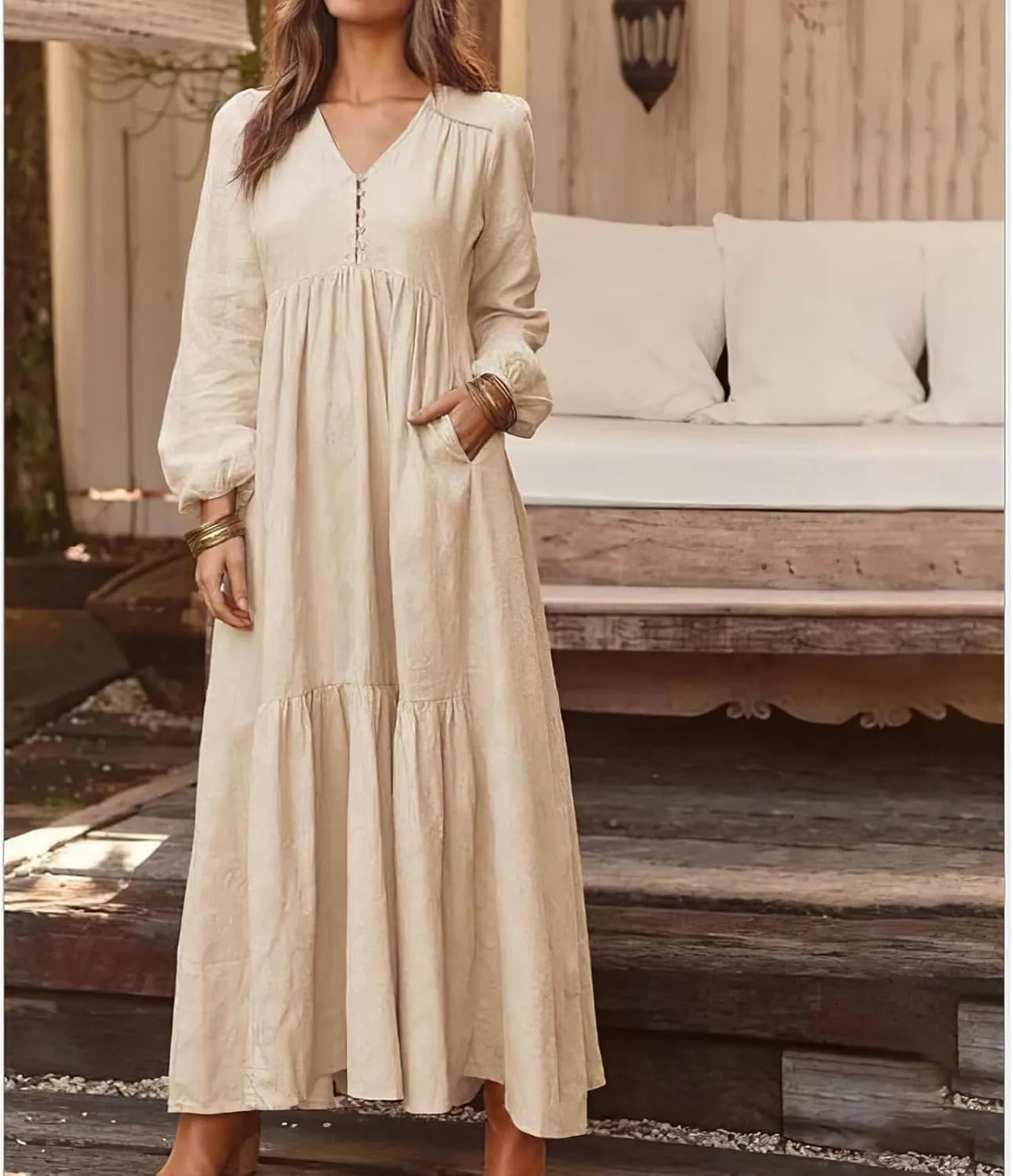 Linen Dresses for Women 2025 Solid V-Neck Tiered Ruffle Long Sleeve Dress Comfy Vacation Midi Sundresses with Pockets