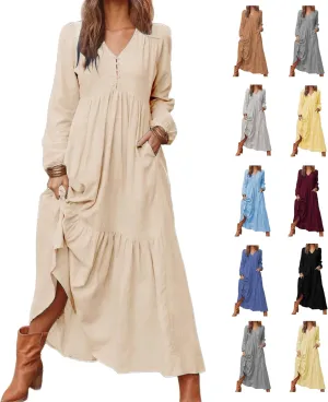 Linen Dresses for Women 2025 Solid V-Neck Tiered Ruffle Long Sleeve Dress Comfy Vacation Midi Sundresses with Pockets