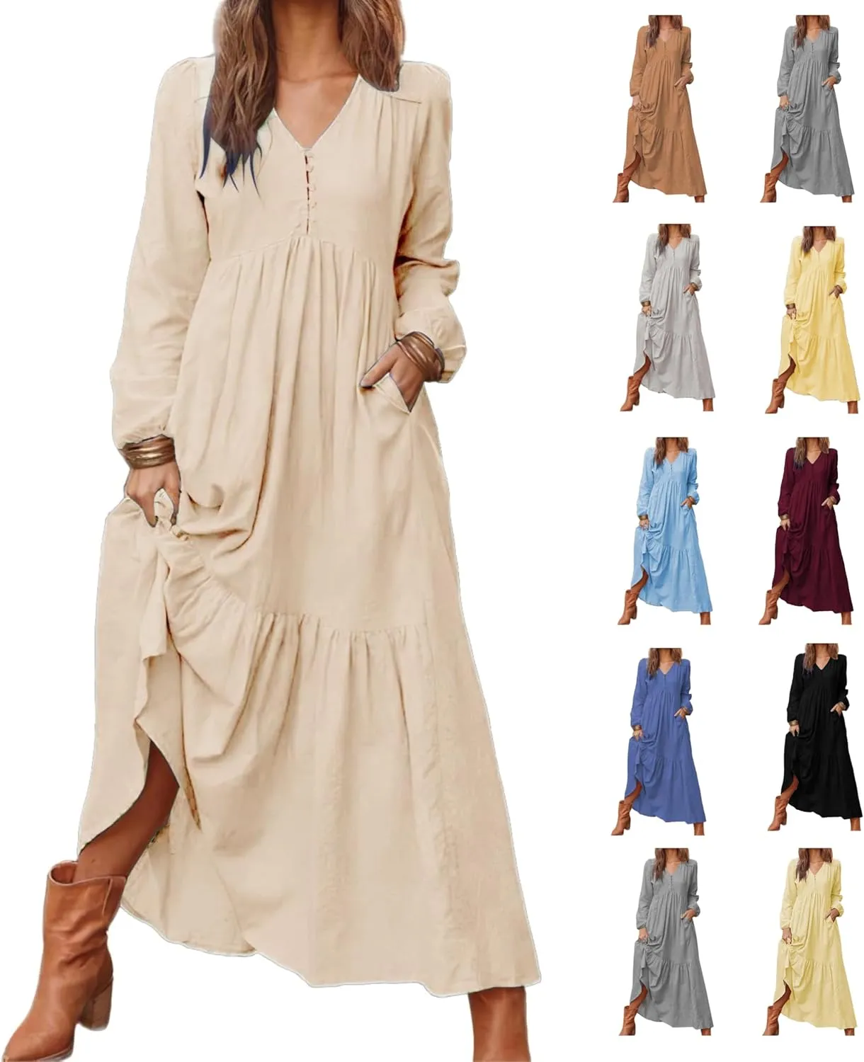 Linen Dresses for Women 2025 Solid V-Neck Tiered Ruffle Long Sleeve Dress Comfy Vacation Midi Sundresses with Pockets