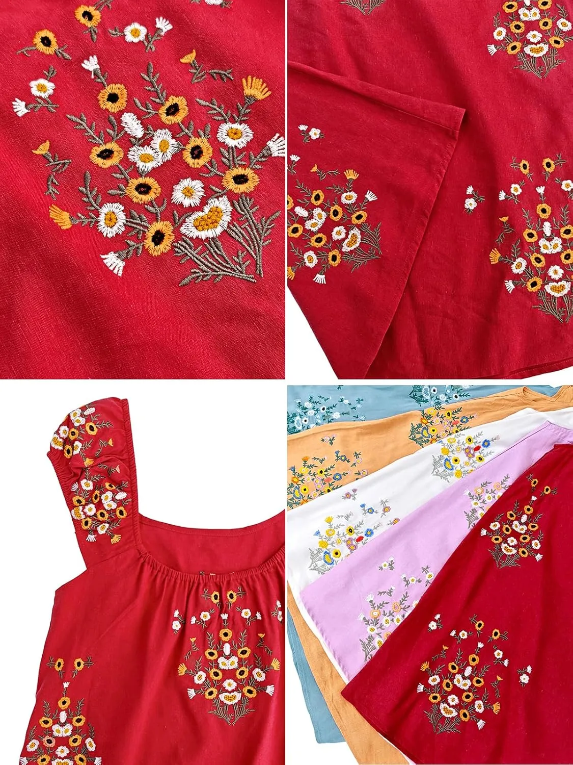 Linen Mini Cute Dress Womens Floral Embroidered Dress with Crew Neck and Sleeveless Casual Guest Vintage Dresses