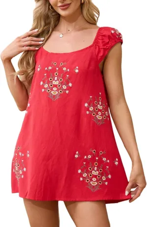 Linen Mini Cute Dress Womens Floral Embroidered Dress with Crew Neck and Sleeveless Casual Guest Vintage Dresses