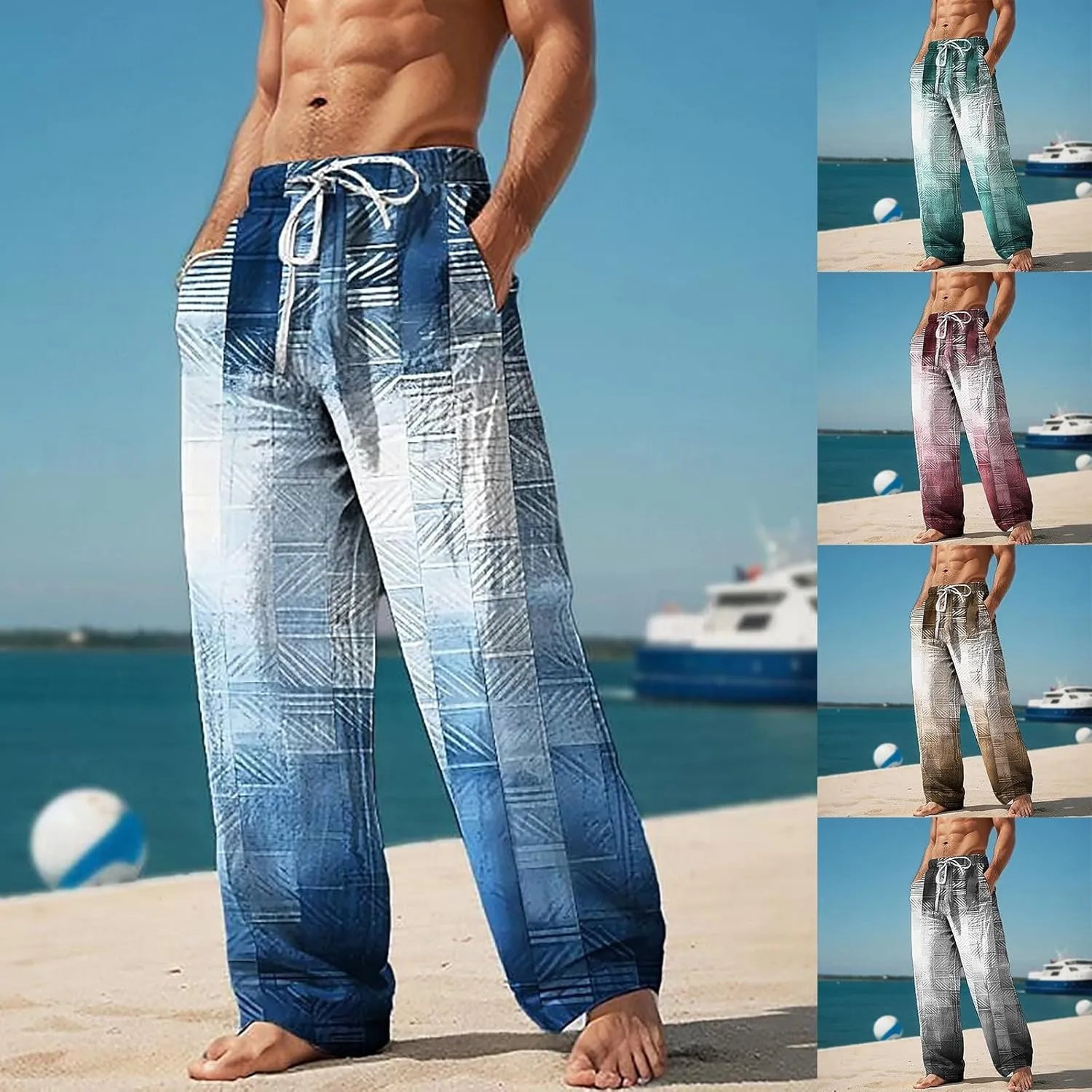 Linen Pants for Men Side Button Casual Pants Plain Straight Leg Trousers Open Bottom Summer Beach Vacation Slacks