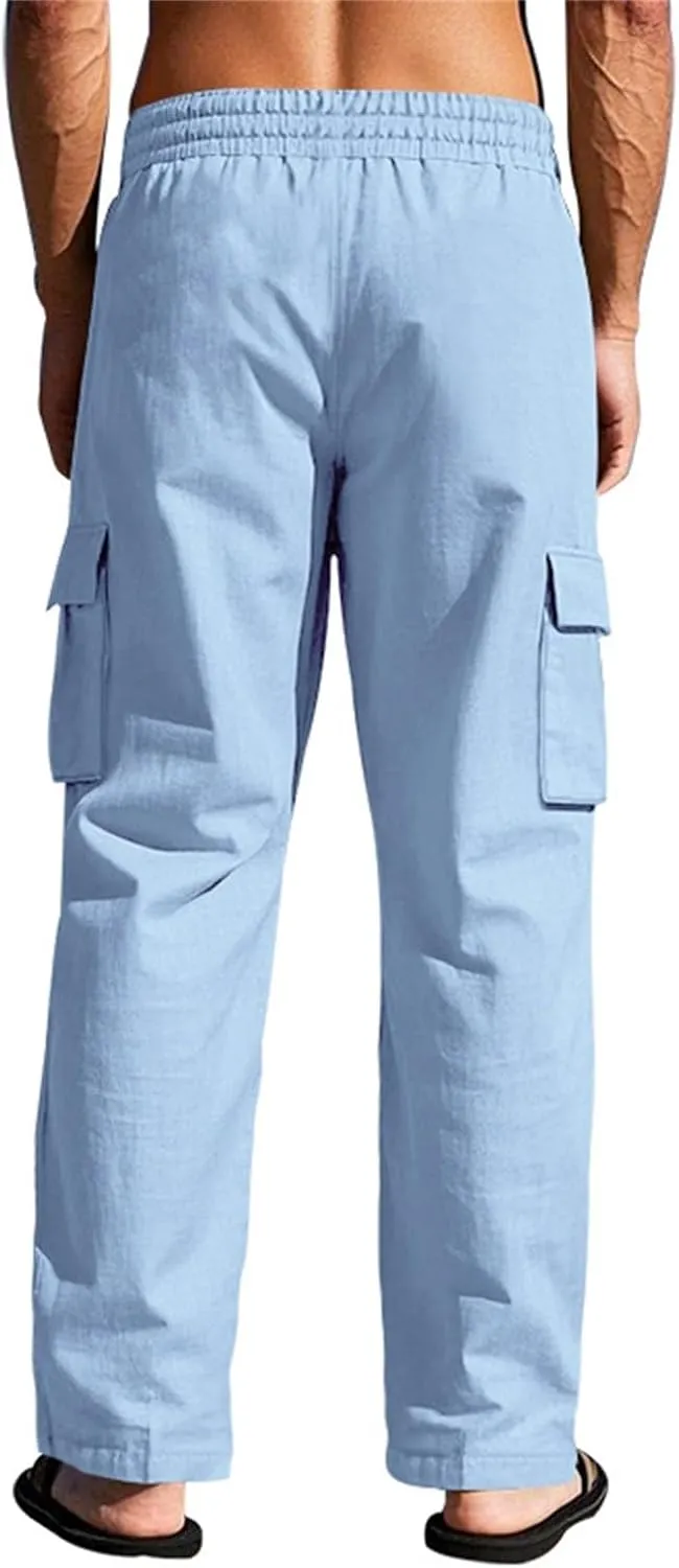 Linen Pants for Men Summer Beach Pants Lightweight Casual Plain Elastic Waist Drawstring Trousers Vacation Slacks