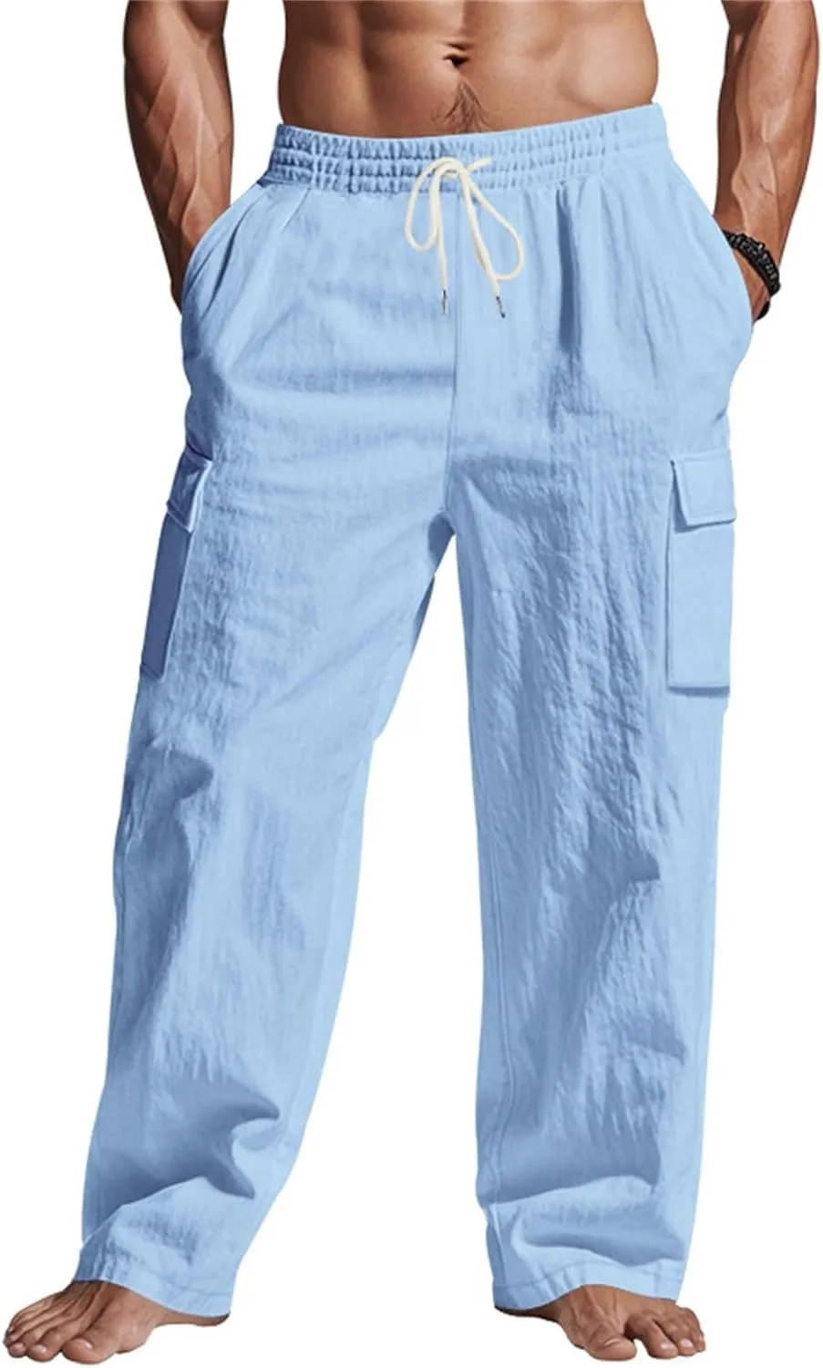 Linen Pants for Men Summer Beach Pants Lightweight Casual Plain Elastic Waist Drawstring Trousers Vacation Slacks