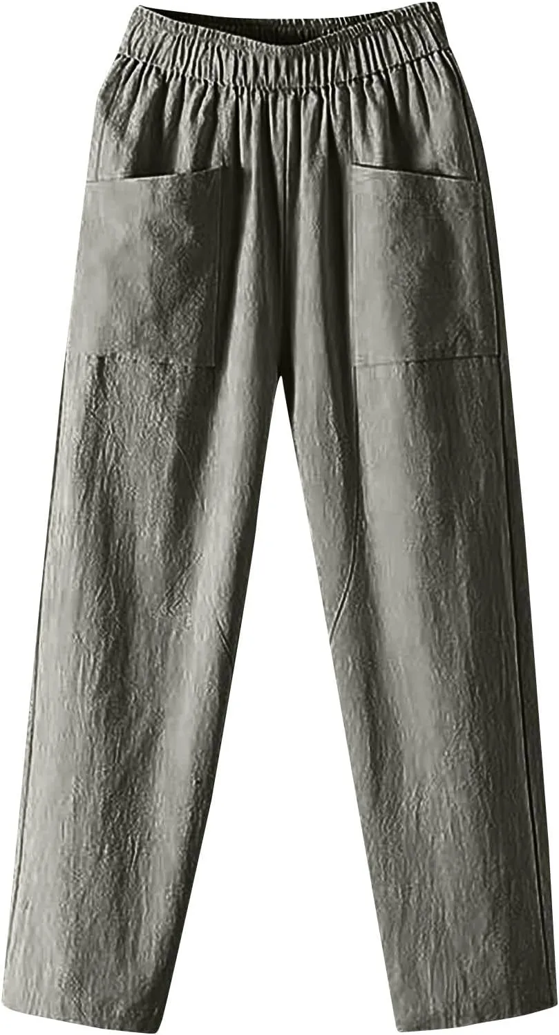 Linen Pants for Women, Pants Women Peasant Linen Casual Straight Leg Plaid