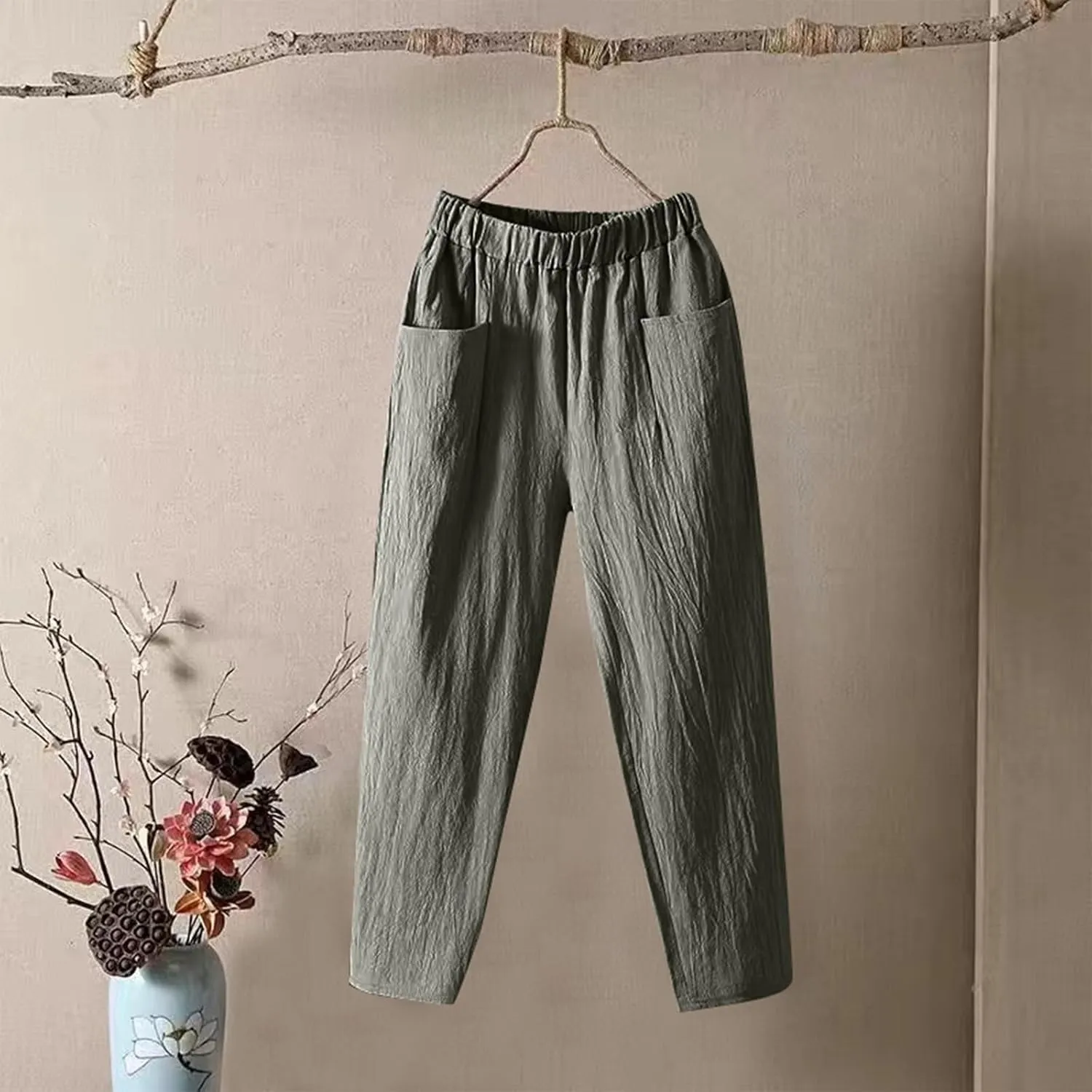 Linen Pants for Women, Pants Women Peasant Linen Casual Straight Leg Plaid