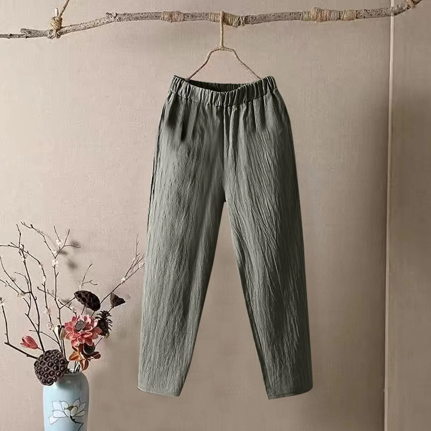 Linen Pants for Women, Pants Women Peasant Linen Casual Straight Leg Plaid