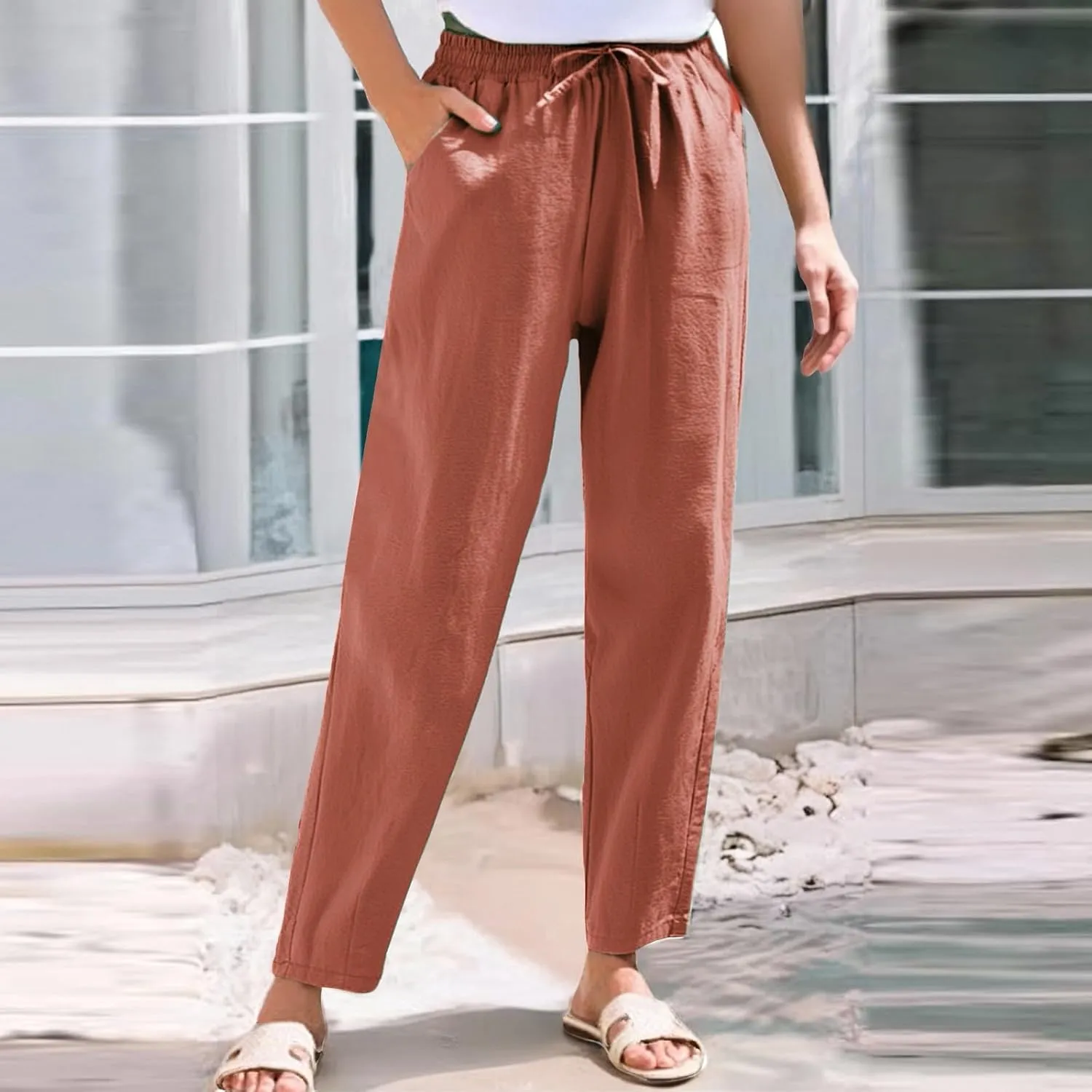 Linen Pants for Women, Straight Leg Peasant Pants Plus Size Casual Linen