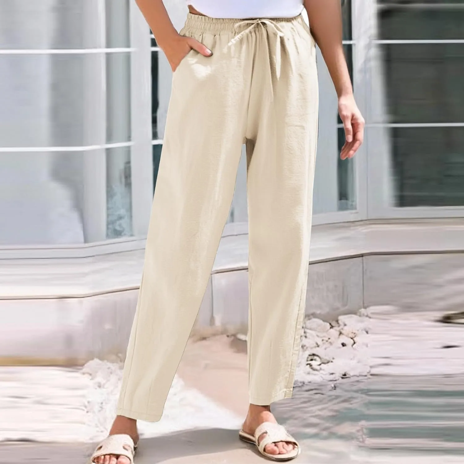 Linen Pants for Women, Straight Leg Peasant Pants Plus Size Casual Linen