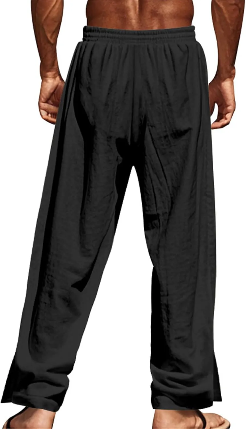 Linen Pants Men Side Button Elastic Waist Trendy Pants Summer Yoga Beach Pants Straight Leg Drawstring Baggy Trousers
