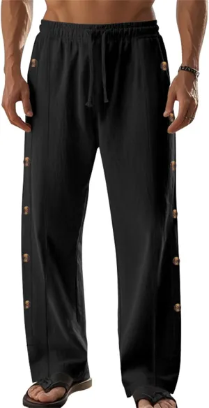 Linen Pants Men Side Button Elastic Waist Trendy Pants Summer Yoga Beach Pants Straight Leg Drawstring Baggy Trousers