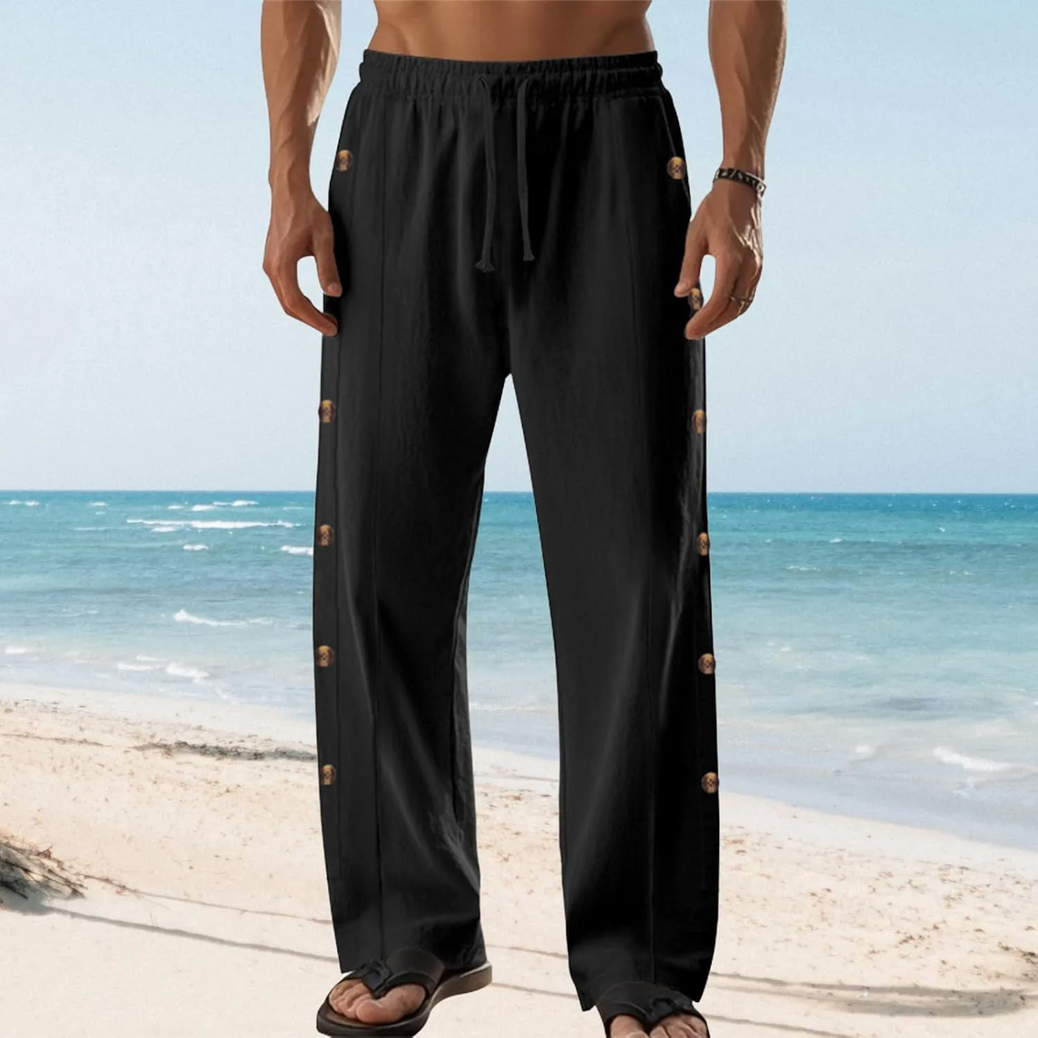 Linen Pants Men Side Button Elastic Waist Trendy Pants Summer Yoga Beach Pants Straight Leg Drawstring Baggy Trousers