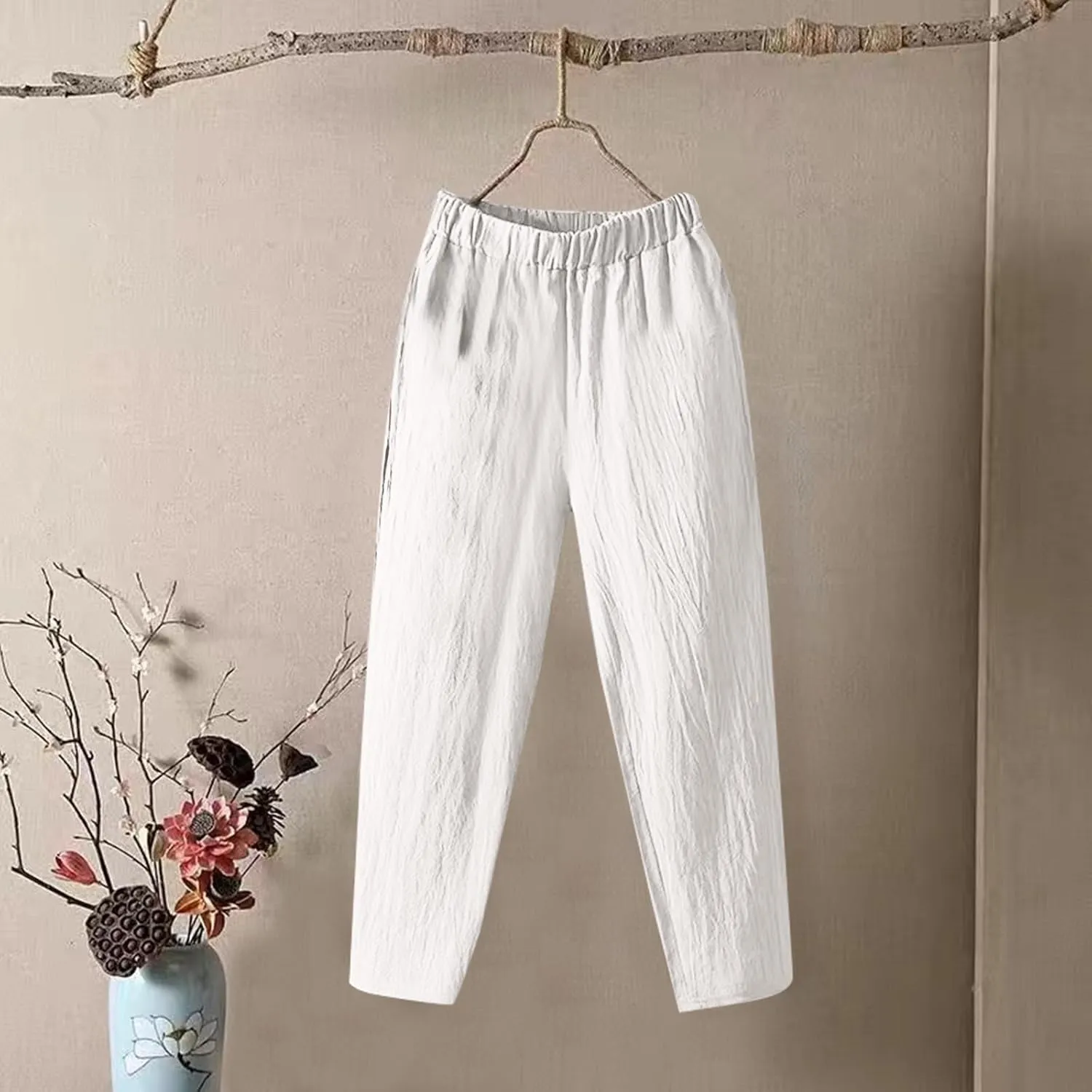 Linen Pants Women Summer Straight Leg Elastic Waist Casual Pants Peasant Linen