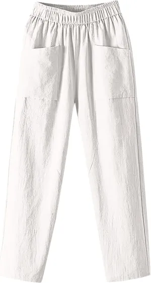 Linen Pants Women Summer Straight Leg Elastic Waist Casual Pants Peasant Linen