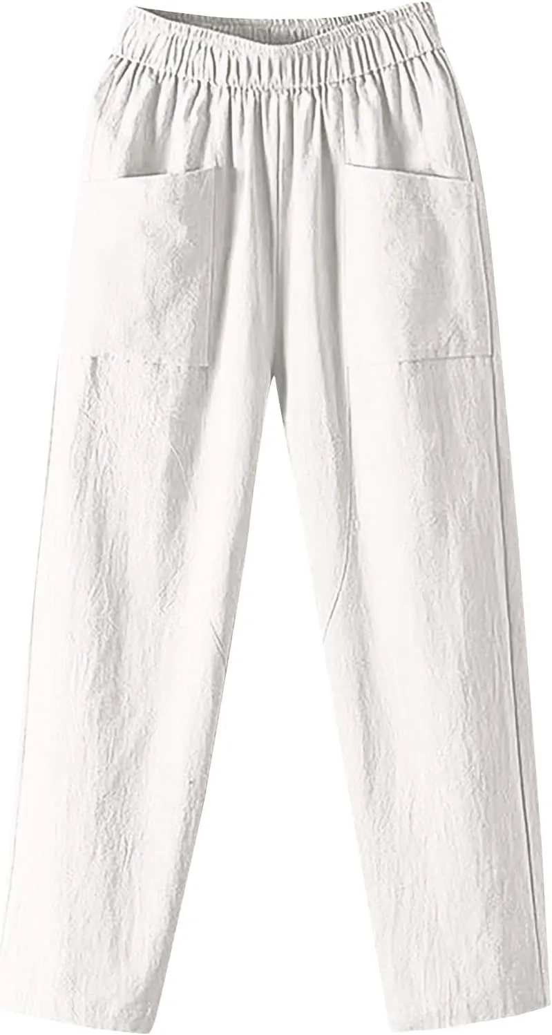 Linen Pants Women Summer Straight Leg Elastic Waist Casual Pants Peasant Linen