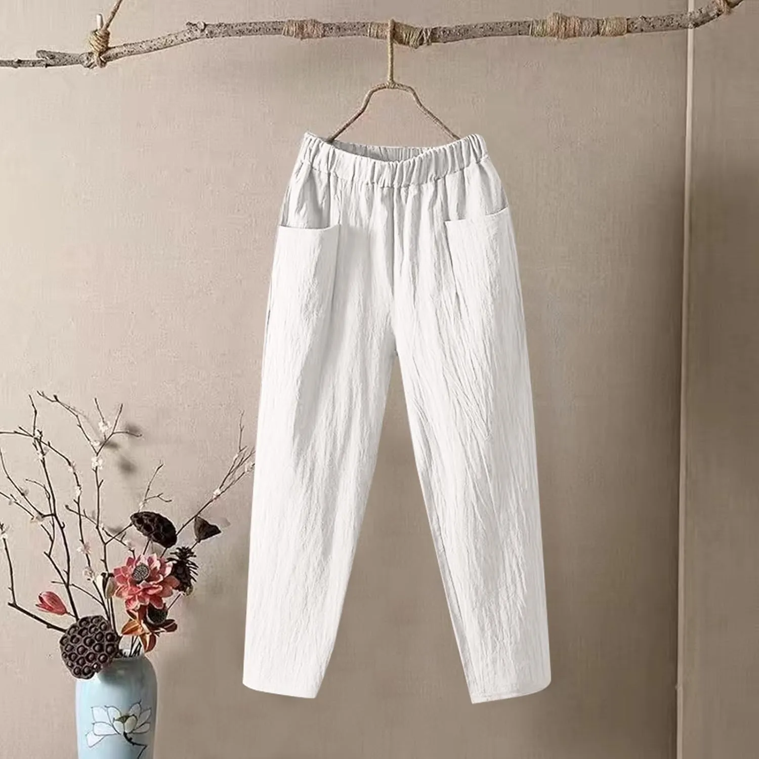 Linen Pants Women Summer Straight Leg Elastic Waist Casual Pants Peasant Linen