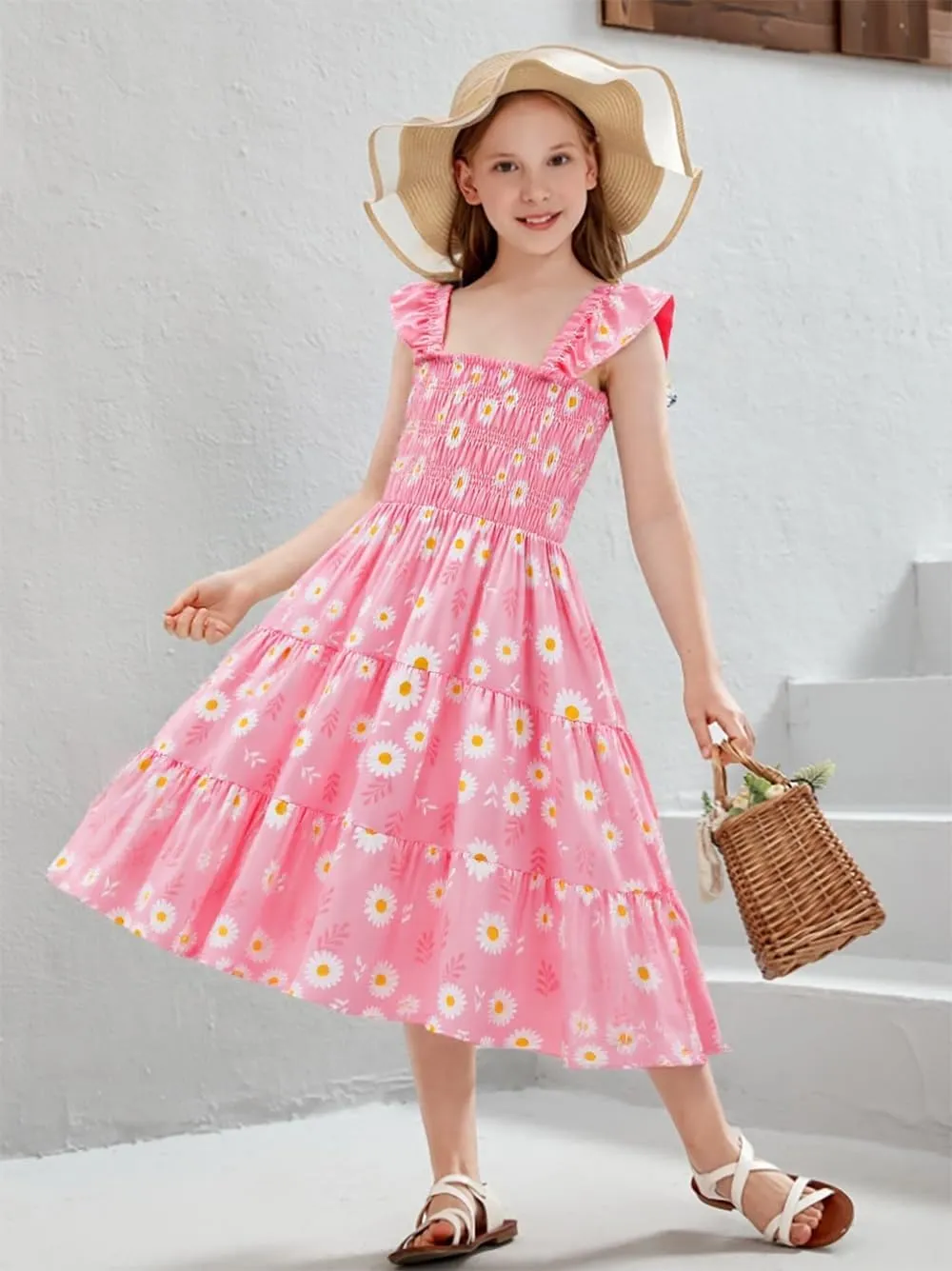 Little Girls Dresses Casual Summer Dress Ruffle Sleeve Floral Tiered Sundress Smocked Shirred Party Dress 3-10 Years