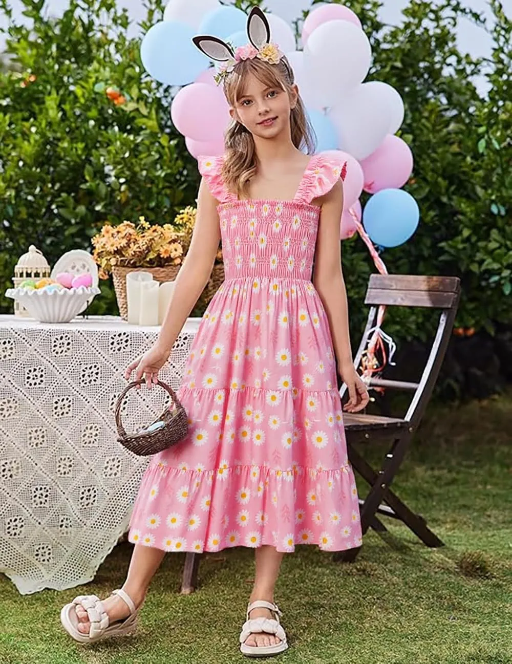 Little Girls Dresses Casual Summer Dress Ruffle Sleeve Floral Tiered Sundress Smocked Shirred Party Dress 3-10 Years