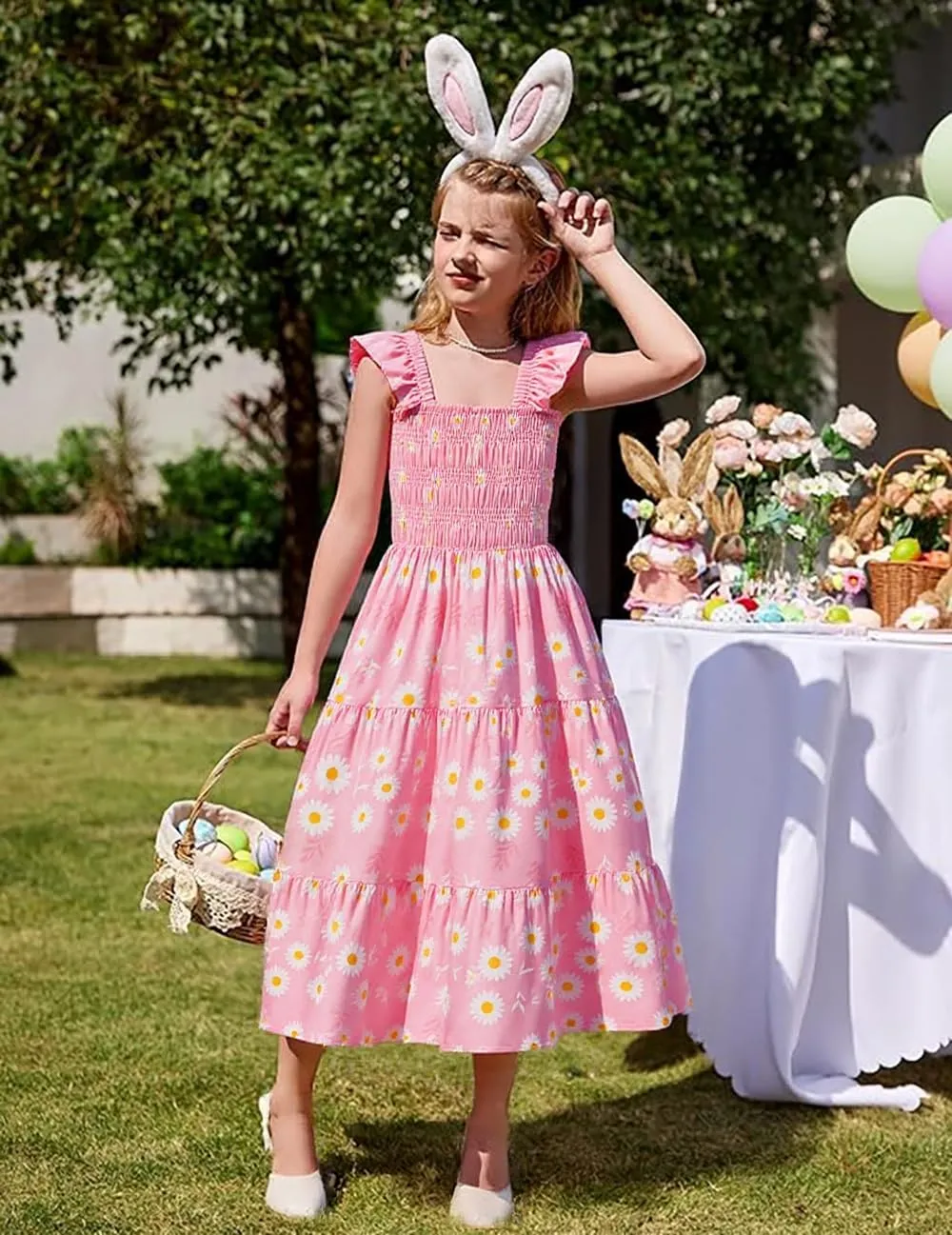 Little Girls Dresses Casual Summer Dress Ruffle Sleeve Floral Tiered Sundress Smocked Shirred Party Dress 3-10 Years