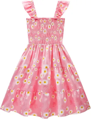 Little Girls Dresses Casual Summer Dress Ruffle Sleeve Floral Tiered Sundress Smocked Shirred Party Dress 3-10 Years