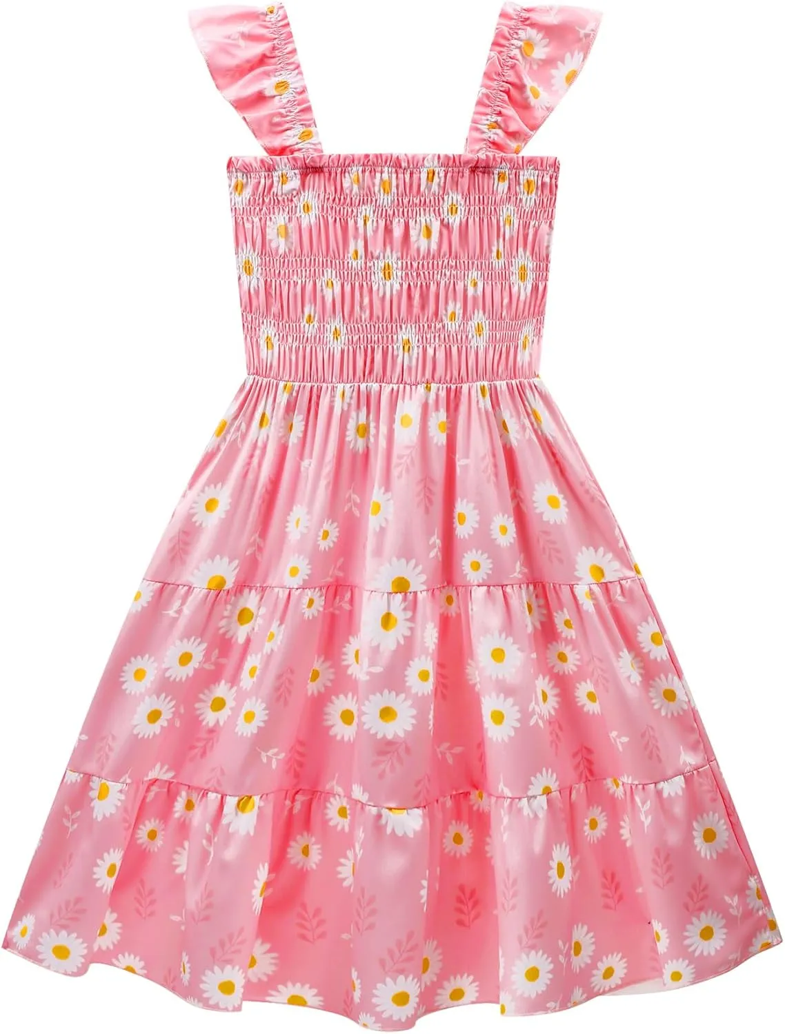 Little Girls Dresses Casual Summer Dress Ruffle Sleeve Floral Tiered Sundress Smocked Shirred Party Dress 3-10 Years