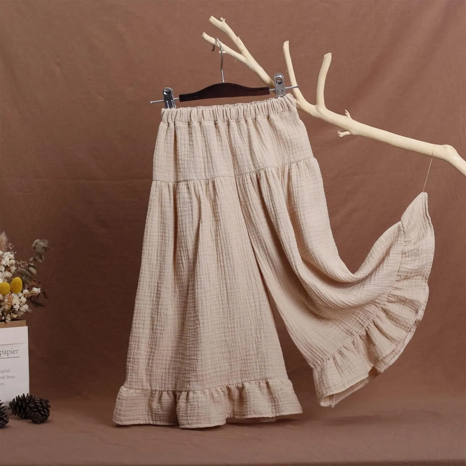 Little Girls Palazzo Pants Flowy Wide Leg Cotton Linen Pants Kids Toddler Baby Elastic Waist Loose Ruffled Trousers