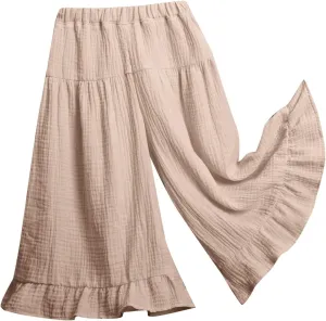 Little Girls Palazzo Pants Flowy Wide Leg Cotton Linen Pants Kids Toddler Baby Elastic Waist Loose Ruffled Trousers