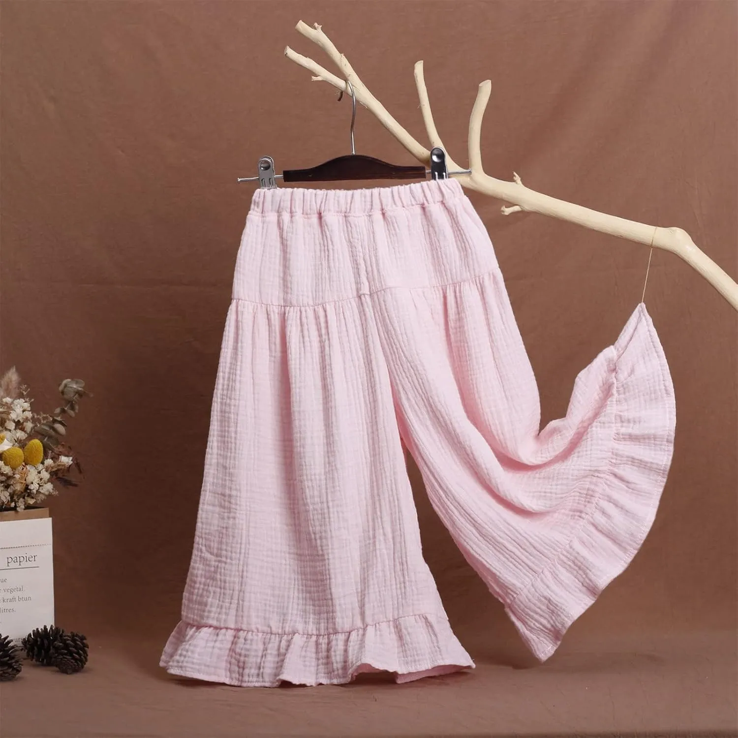 Little Girls Palazzo Pants Flowy Wide Leg Cotton Linen Pants Kids Toddler Baby Elastic Waist Loose Ruffled Trousers