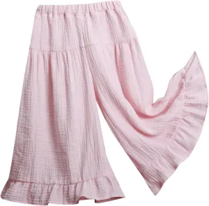 Little Girls Palazzo Pants Flowy Wide Leg Cotton Linen Pants Kids Toddler Baby Elastic Waist Loose Ruffled Trousers