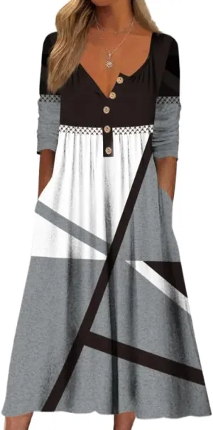LOAIHA Women's Short Sleeve Boho Floral Print Maxi Dress Summer V Neck Casual Loose Dress with Pockets