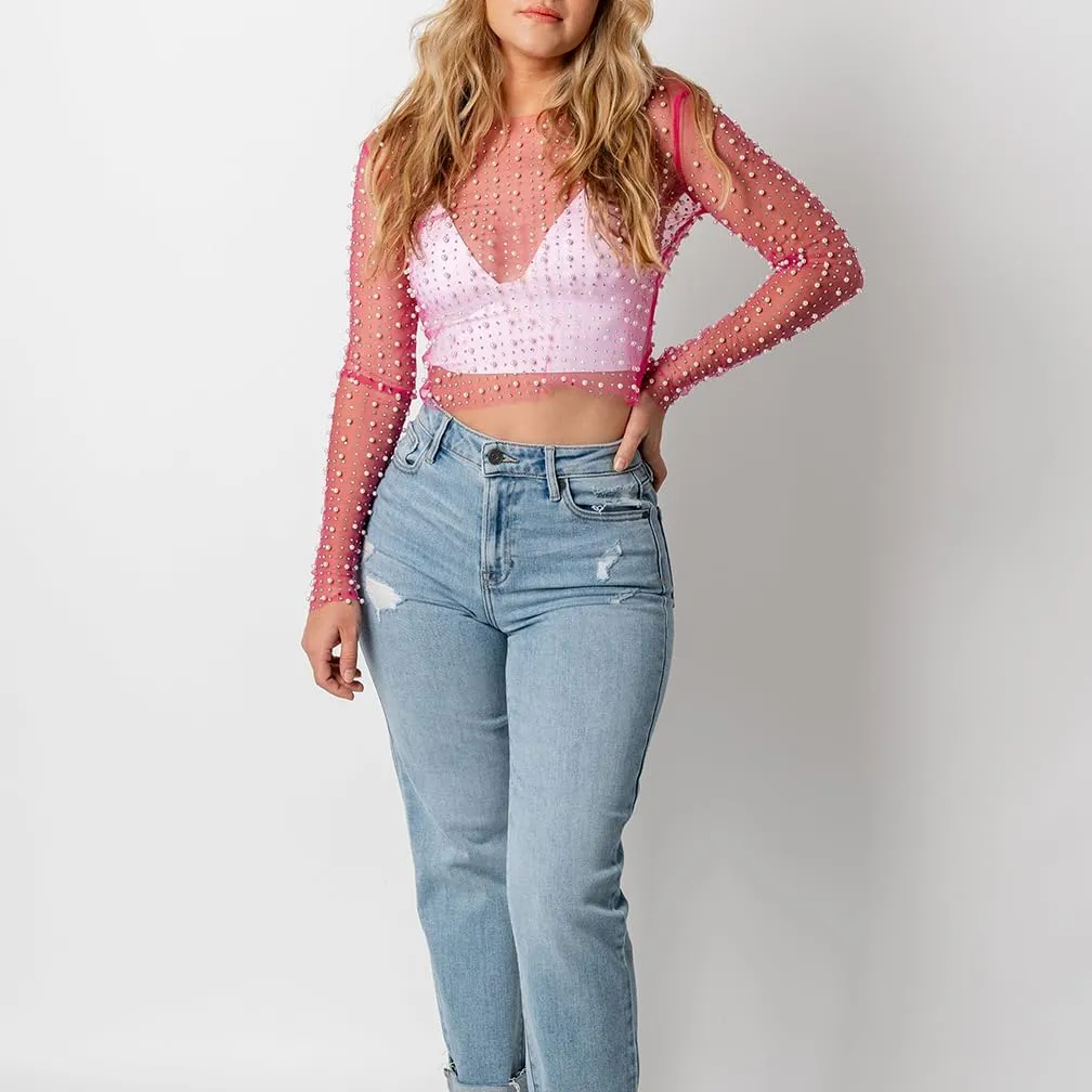 LOFAAC Women Sexy See Through Pearl Rhinestone Beaded Crop Top Y2K Long Sleeve Sheer Mesh Crop Blouse Shirt Clubwear 90s