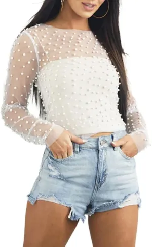LOFAAC Women Sexy See Through Pearl Rhinestone Beaded Crop Top Y2K Long Sleeve Sheer Mesh Crop Blouse Shirt Clubwear 90s