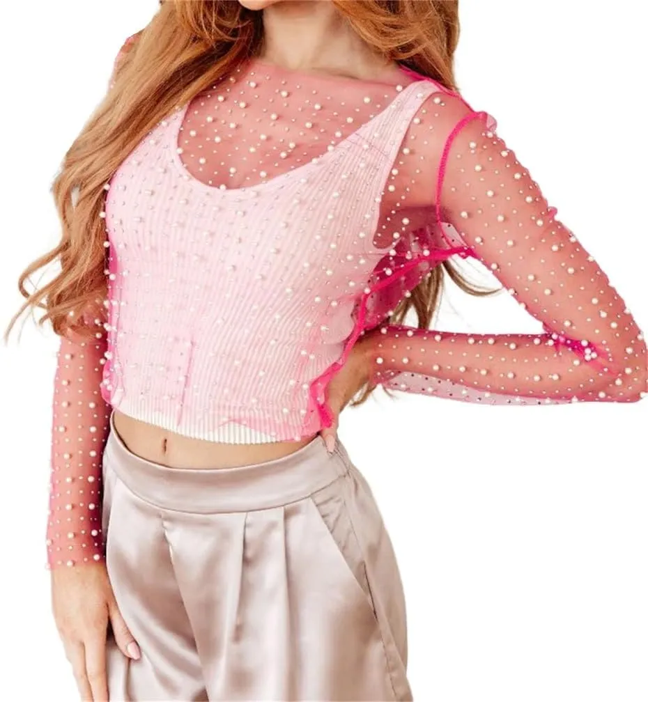 LOFAAC Women Sexy See Through Pearl Rhinestone Beaded Crop Top Y2K Long Sleeve Sheer Mesh Crop Blouse Shirt Clubwear 90s