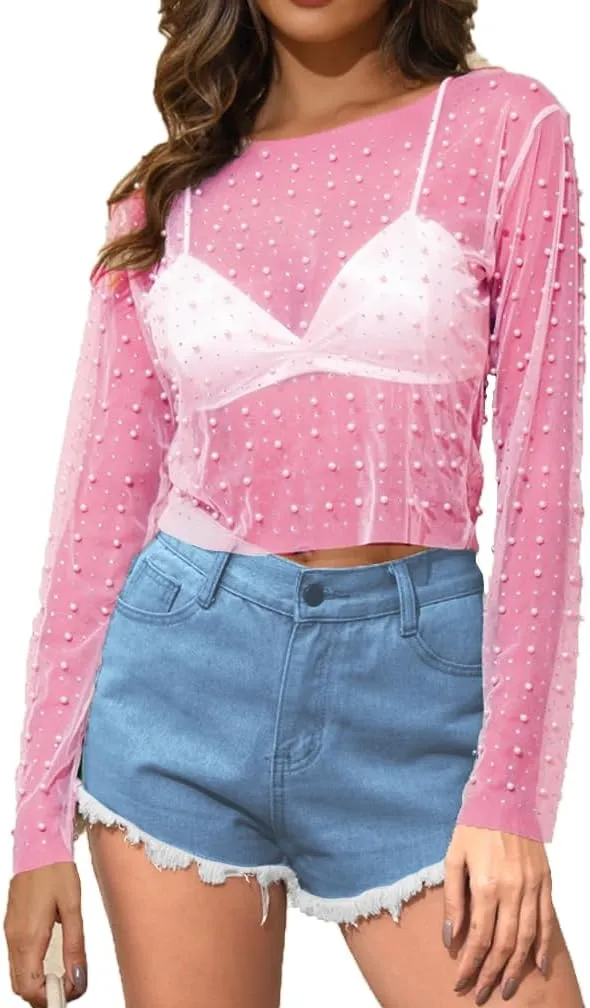 LOFAAC Women Sexy See Through Pearl Rhinestone Beaded Crop Top Y2K Long Sleeve Sheer Mesh Crop Blouse Shirt Clubwear 90s