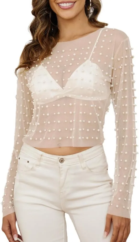 LOFAAC Women Sexy See Through Pearl Rhinestone Beaded Crop Top Y2K Long Sleeve Sheer Mesh Crop Blouse Shirt Clubwear 90s