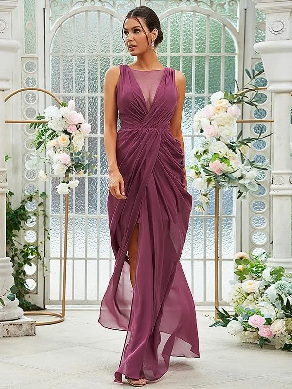 Long Bridesmaid Dresses for Women V Neck Chiffon Formal Party Gowns Ruched Sheath Wedding Guest Dresses with Slit
