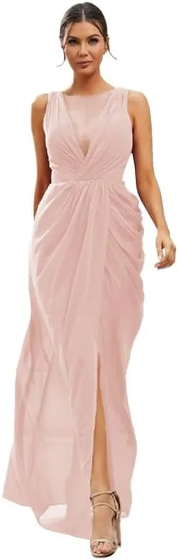 Long Bridesmaid Dresses for Women V Neck Chiffon Formal Party Gowns Ruched Sheath Wedding Guest Dresses with Slit