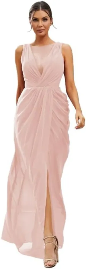 Long Bridesmaid Dresses for Women V Neck Chiffon Formal Party Gowns Ruched Sheath Wedding Guest Dresses with Slit