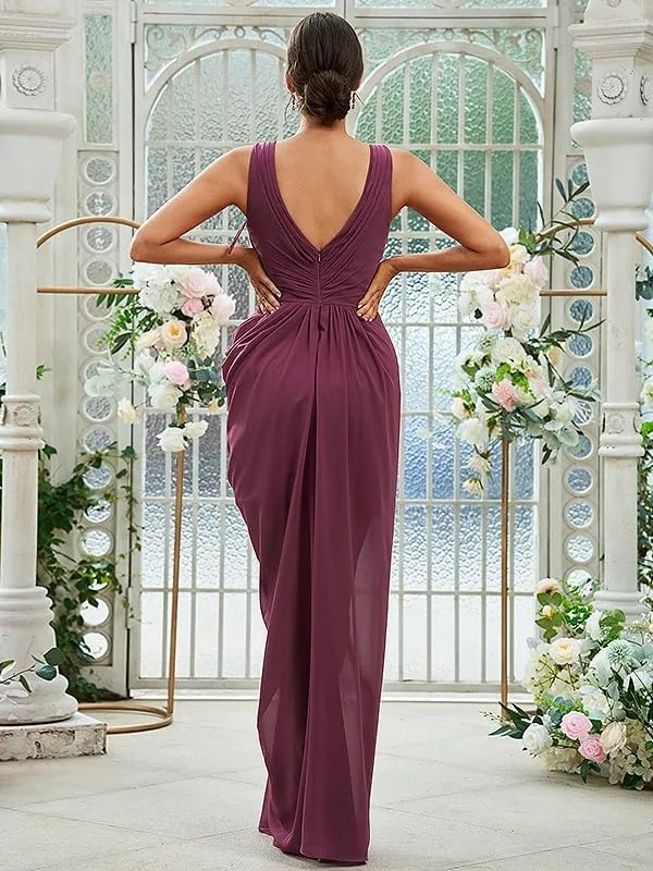 Long Bridesmaid Dresses for Women V Neck Chiffon Formal Party Gowns Ruched Sheath Wedding Guest Dresses with Slit